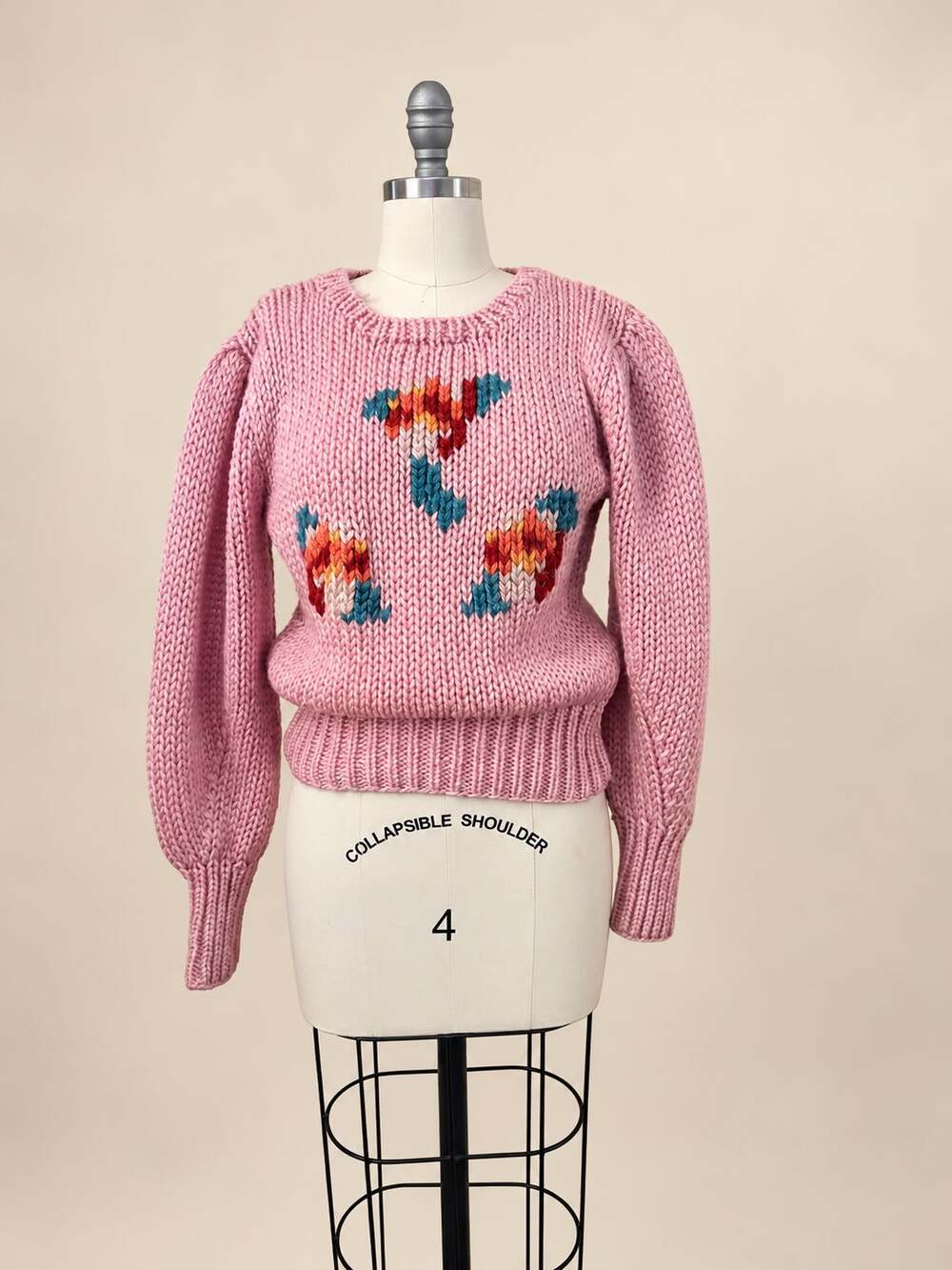 Vintage 80s Sultra Hand Knit Pink Sweater S/M Floral Puff Sleeve Chunky Knit
